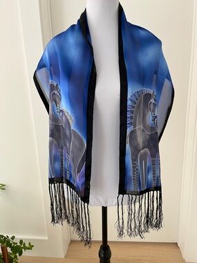 LAUREL BURCH Signed Sheer Silk Scarf Stylized Horse Design Oblong Fringe Artsy